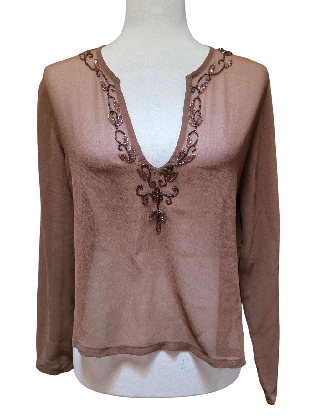 Kaktus Brown Sheer Beaded Tunic Top